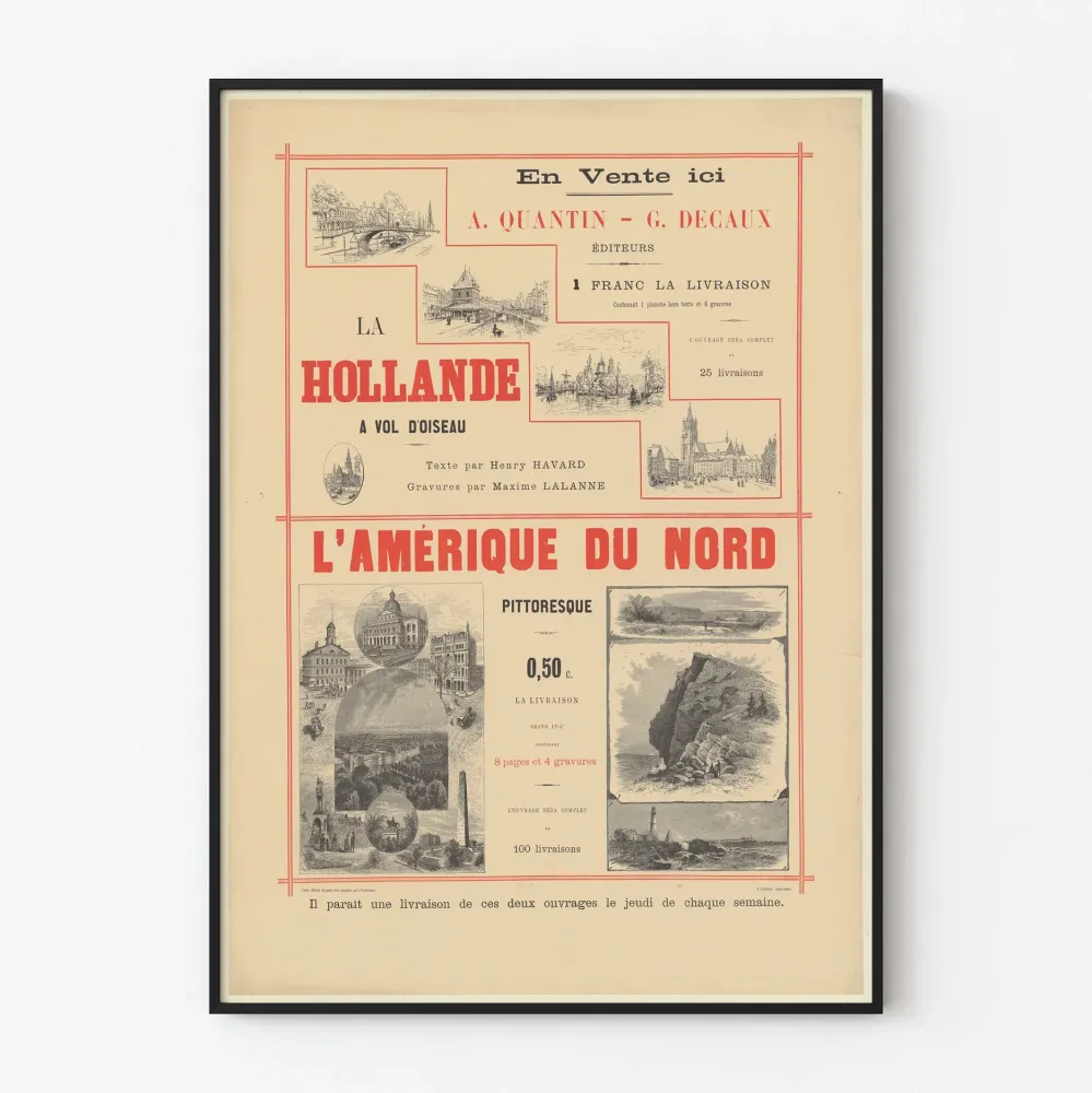 Vintagejuliste Hollannista ja Pohjois-Amerikasta, kuvittuneet kaiverrukset