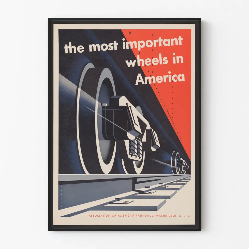 Vintagejuliste ' Most Important Wheels America' seinäkoriste rautatieaiheinen