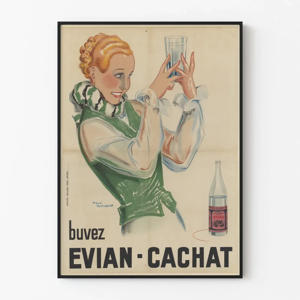 Vintagejuliste Juomalla Evian-Cachat seinäkoristeeksi