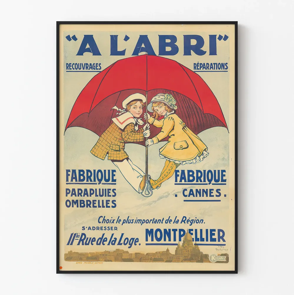 Vintagejuliste L'ABRI sateenvarjot ja keppien seinäkoriste