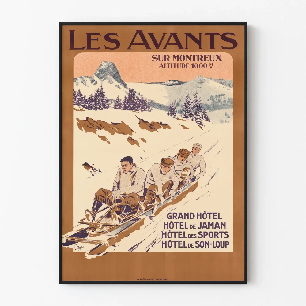 Vintagejuliste Les Avants Montreuxista - Juliste vuoristosta ja talviurheilusta