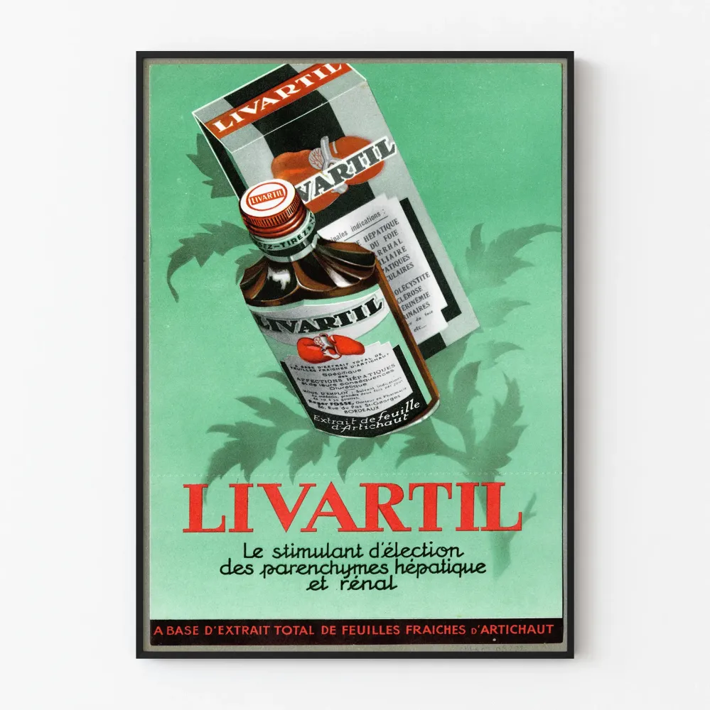Vintagejuliste Livartil - Artichokkiarkkien lehtiä maksalle