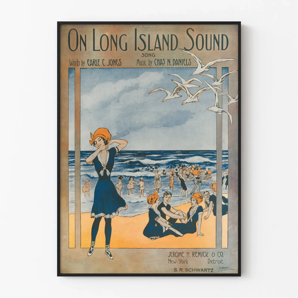 Vintagejuliste Long Island Soundin rannasta ja uintimahdollisuuksista