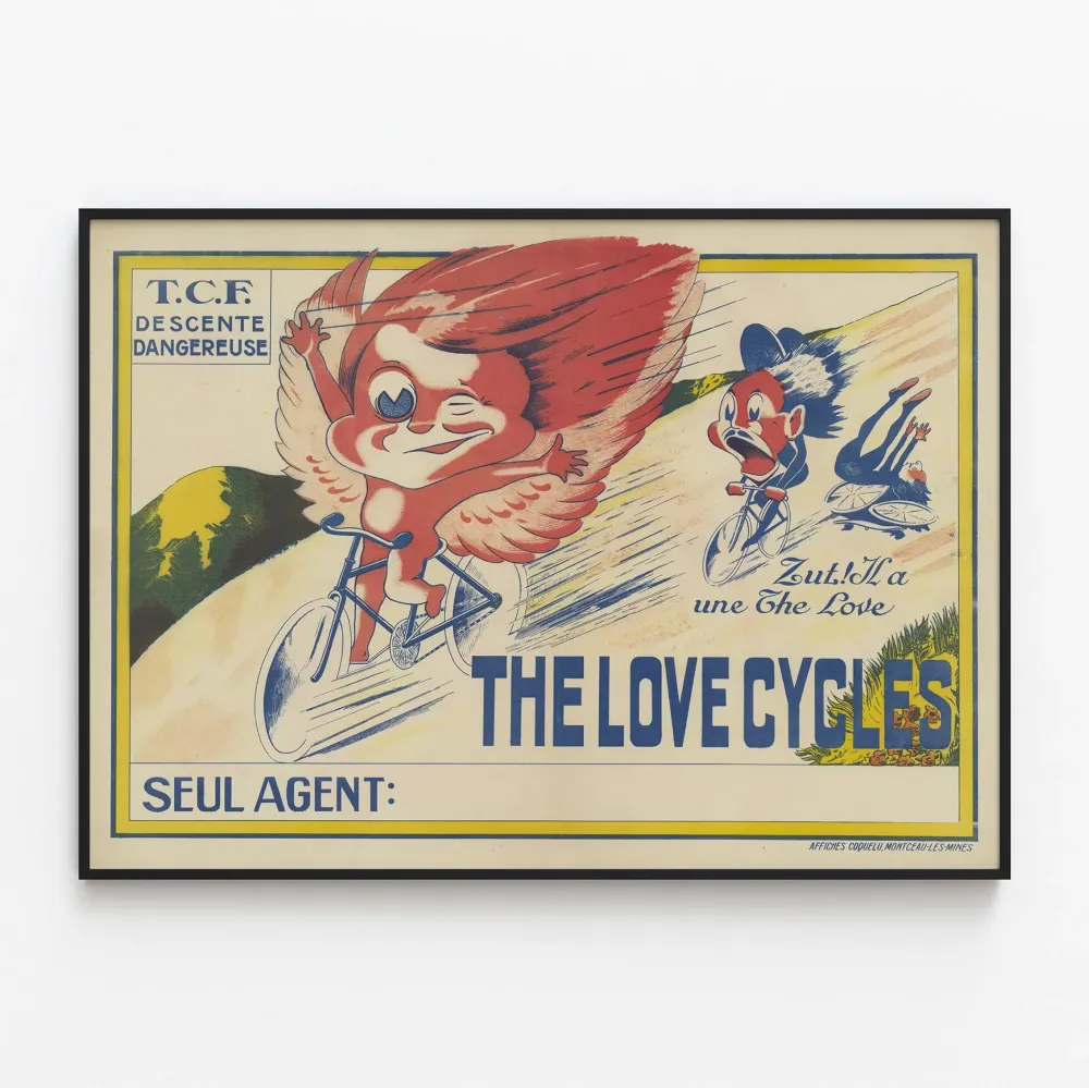Vintagejuliste Love Cycles - Vaara alamäki pyörällä