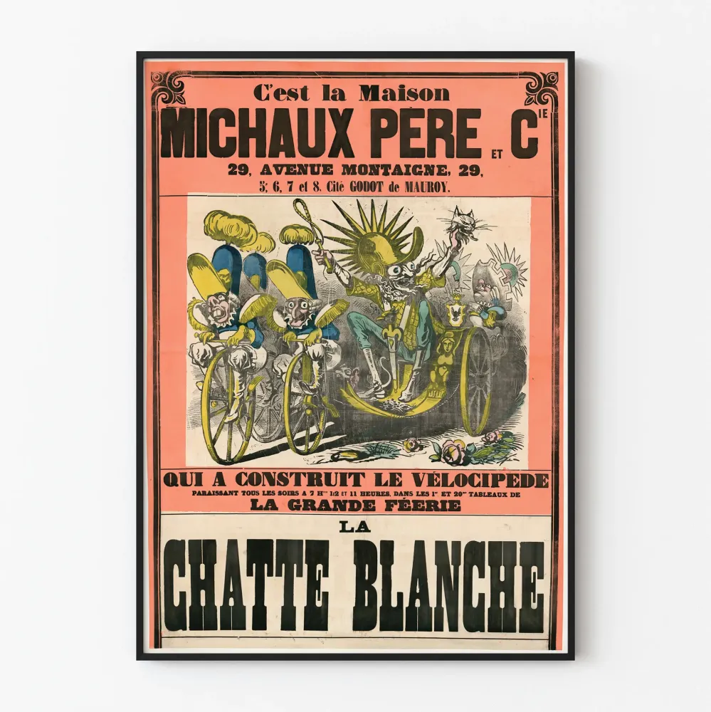 Vintagejuliste Michaux Père - La Chatte Blanche ja polkupyörä