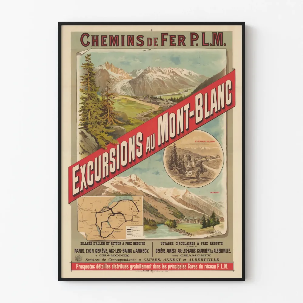 Vintagejuliste Mont-Blancin retkistä P.L.M. rautatieasema