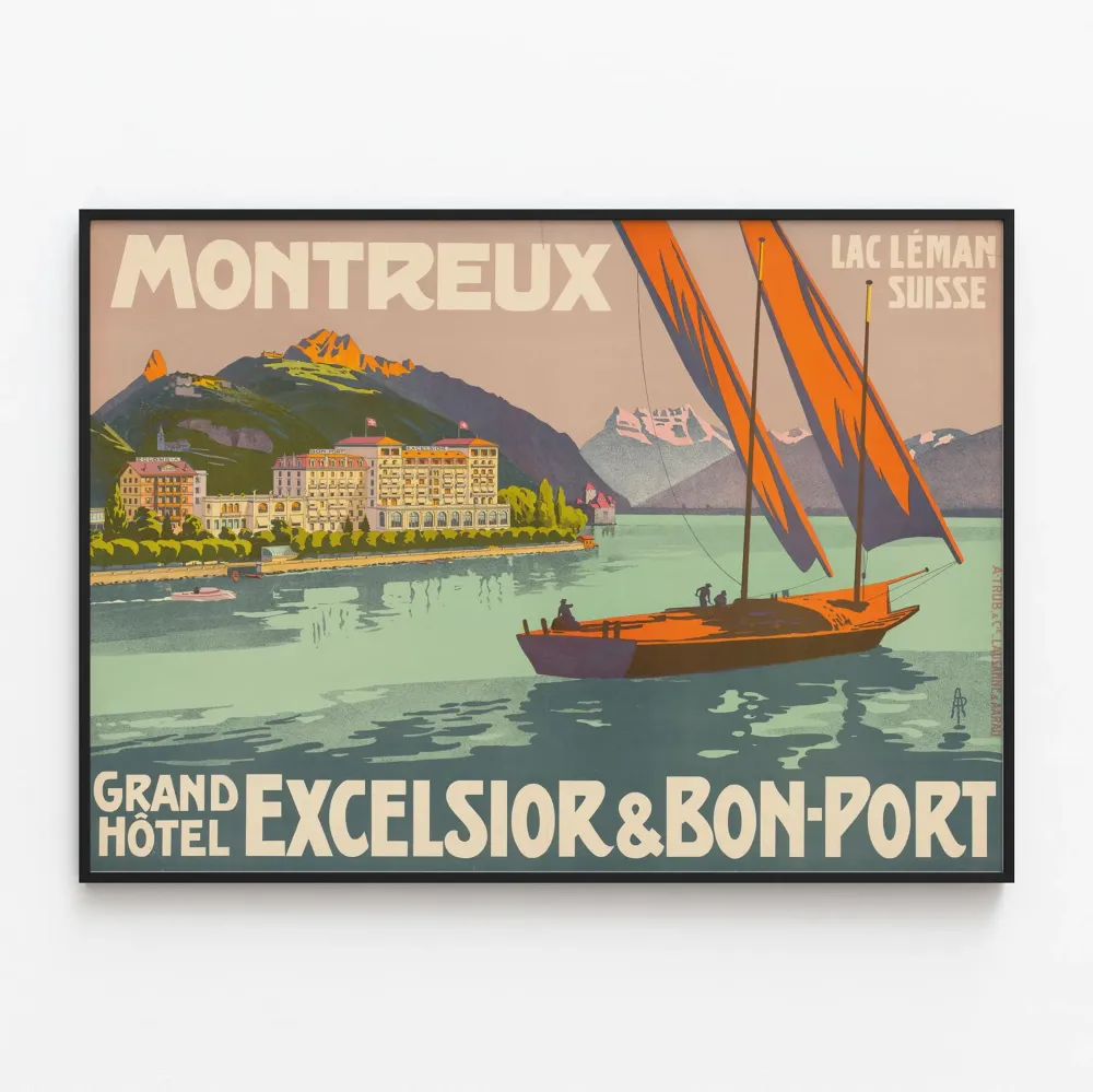 Vintagejuliste Montreux Grand Hôtel Excelsior & Bon-Port Lac Léman Sveitsi