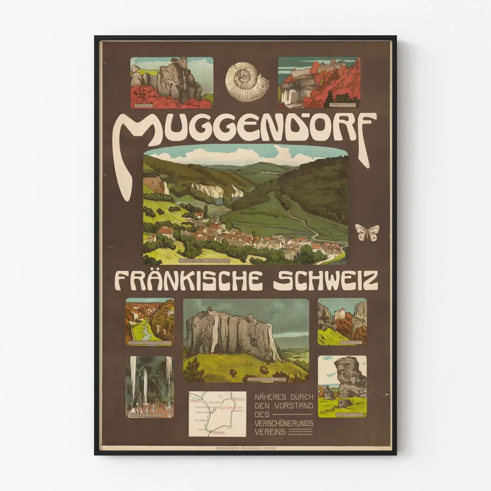 Vintagejuliste Muggendorf Fränkische Schweiz, sisämaalaus maisemaa Saksan alueelta
