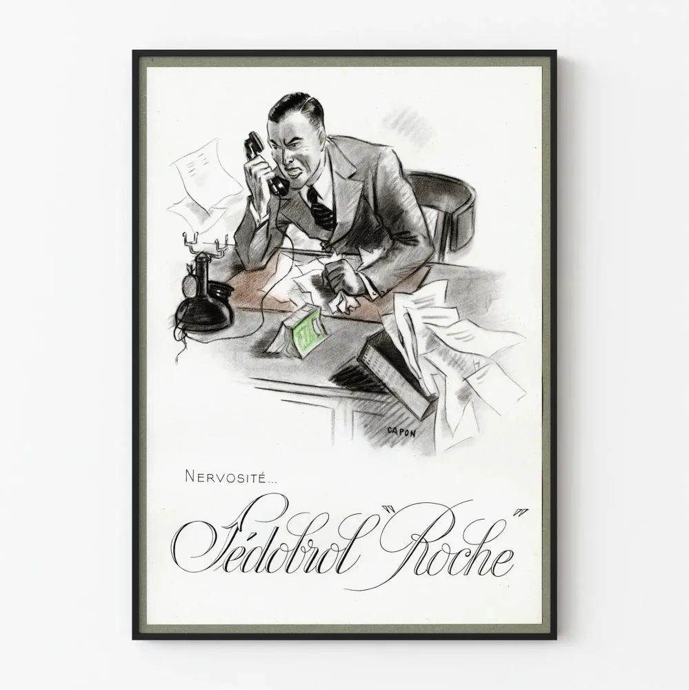 Vintagejuliste 'Nervosité Fédobrol Roche' lyijykynäpiirros