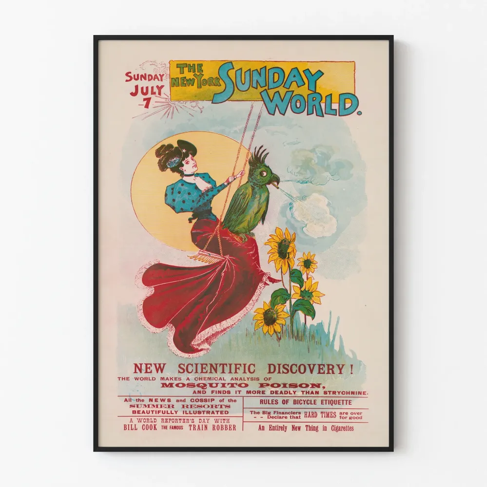 Vintagejuliste New York Sunday World - Nainen keinussa linnun kanssa, tupakoiva