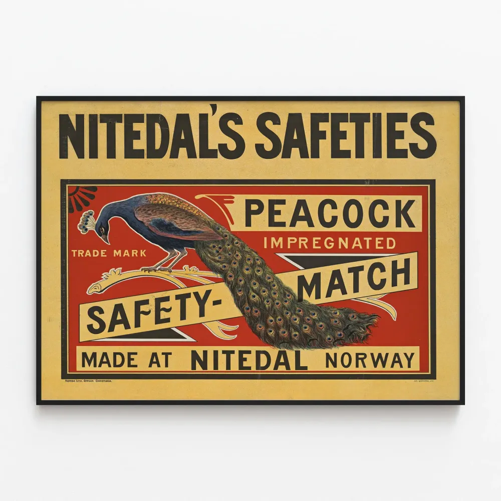 Vintagejuliste Nitedal's Safeties ja peacock - Retroseinäkkeilmaalaus