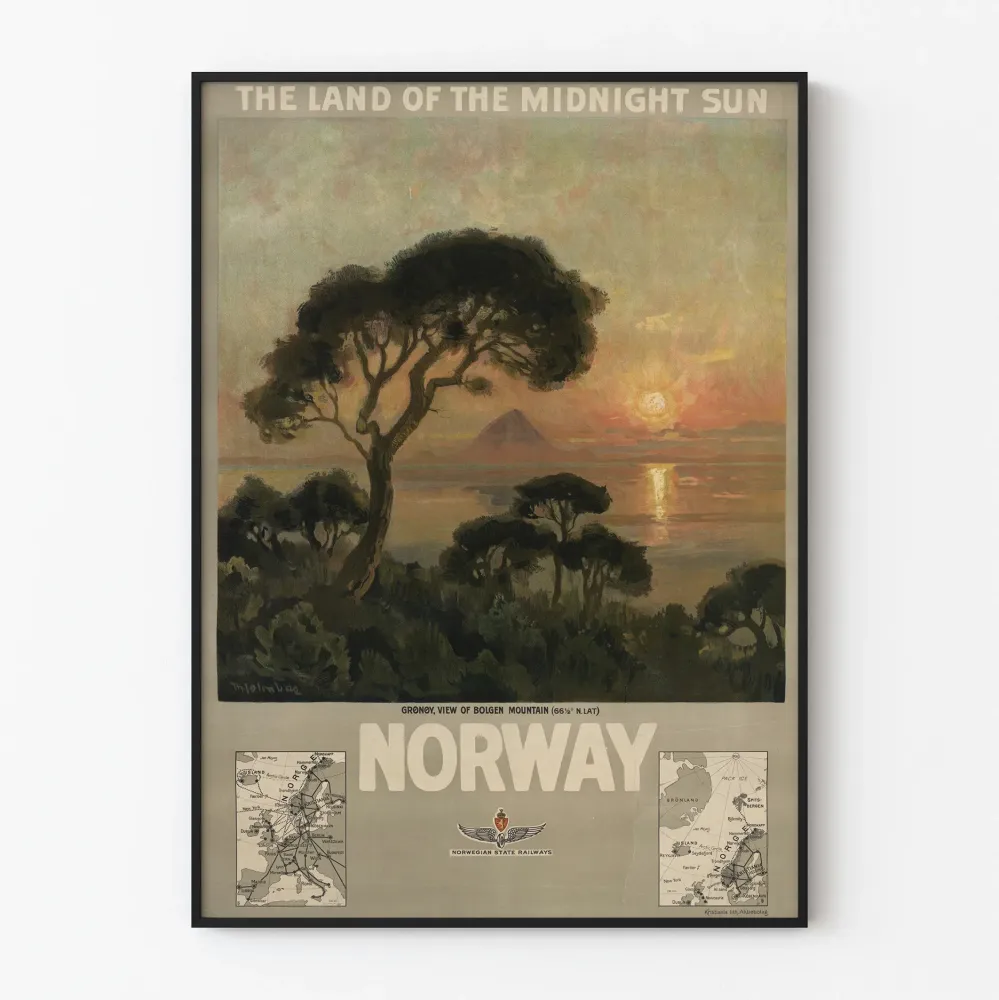Vintagejuliste Norjasta – Keskiyön auringon maa, näkymä Mont Bolgeniin