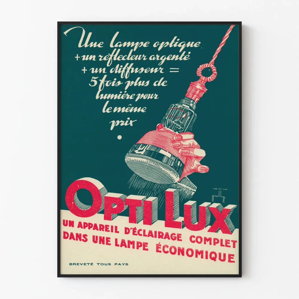 Vintagejuliste Opti Lux - Sisustustulppainen juliste energiatehokkaaseen valaistukseen