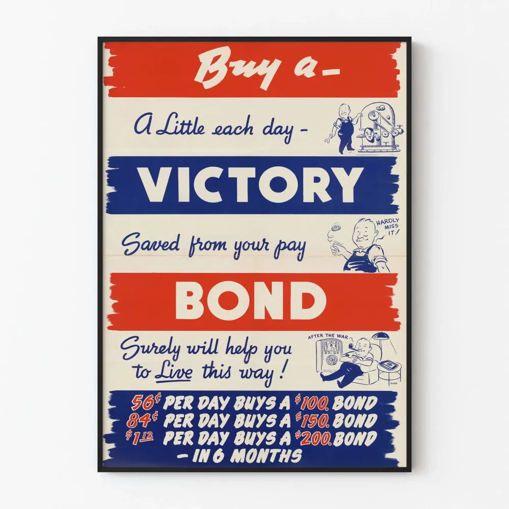 Vintagejuliste Osta voittoobligaatio kansalliseen sisustukseen patriotiselle seinälle