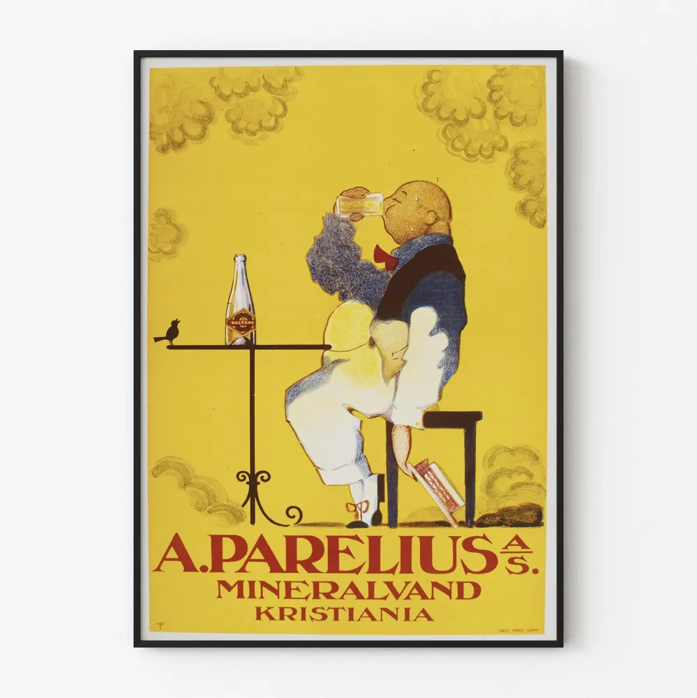 Vintagejuliste . Parelius Mineralvand Kristiania seinäkoristeeksi