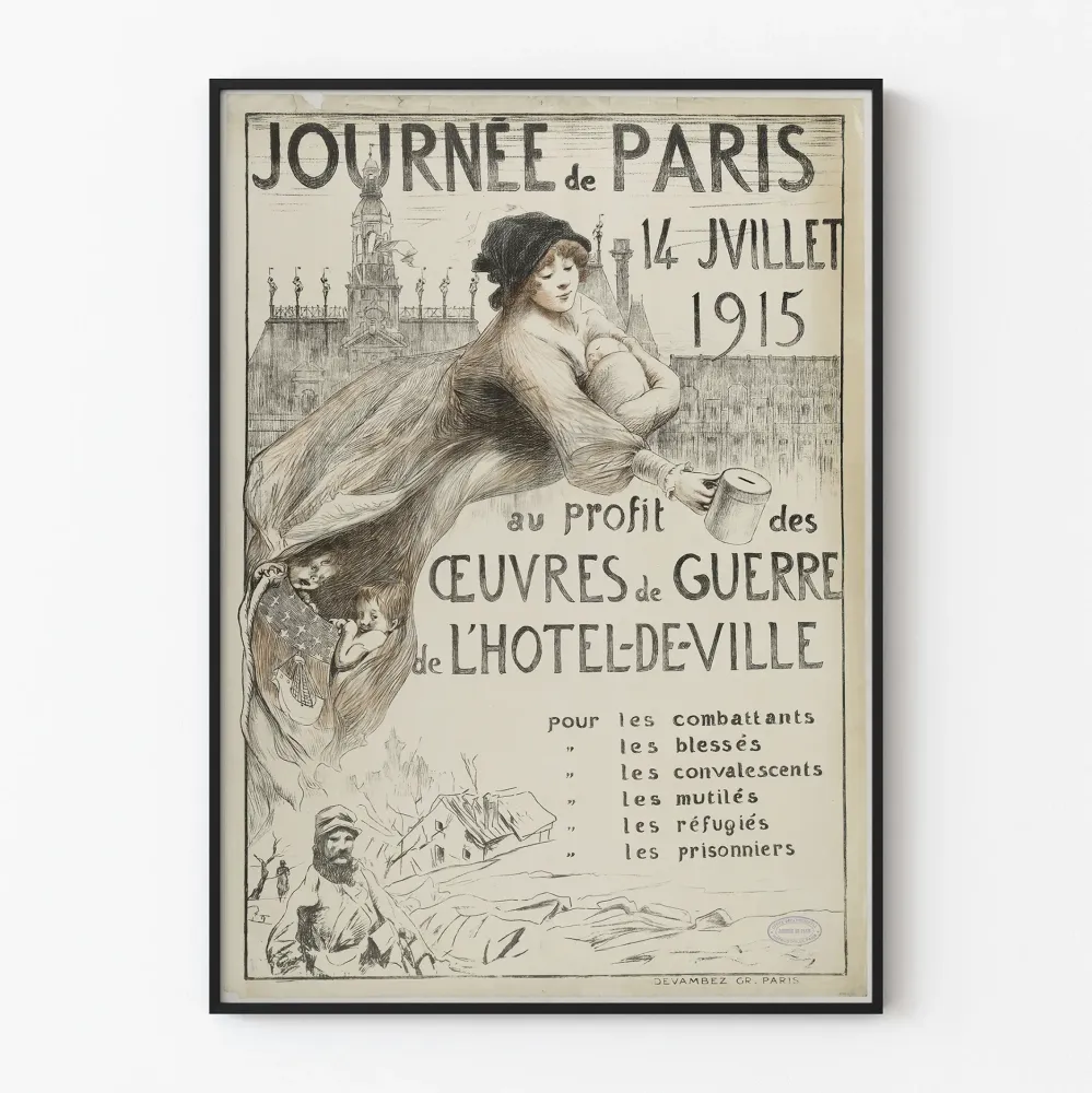 Vintagejuliste Pariisin päivän 14. heinäkuuta 1915 - Sota-aiheiset teokset Raatihuoneen edustalla