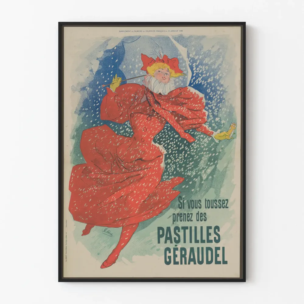 Vintagejuliste Pastilles Géraudel nainen punaisessa sateenvarjossa