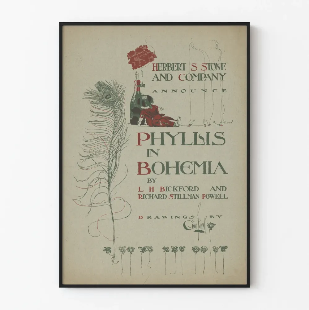 Vintagejuliste Phyllis Bohemia höyhenen ja pavunukkeen kanssa