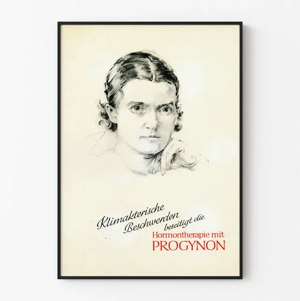Vintagejuliste Progynon - Mustavalkoinen retrojuliste seinäkoristeluun