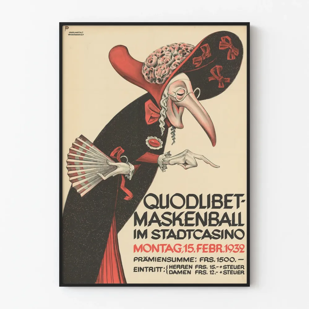 Vintagejuliste Quodlibet Maskenball Basel 1932