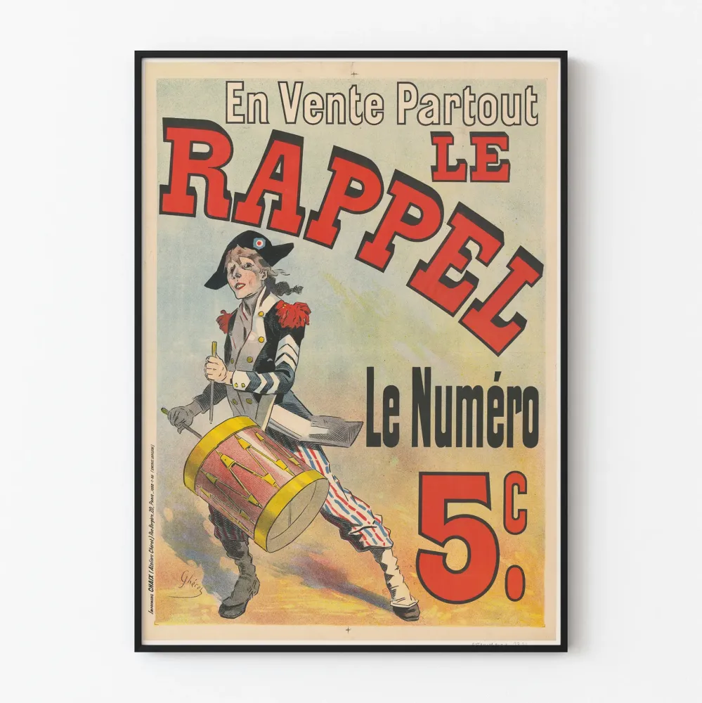 Vintagejuliste Le Rappel numero 5c tamburiinin kanssa
