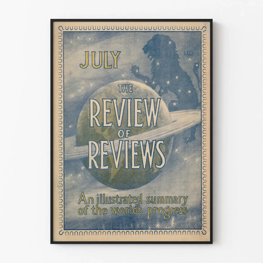 Vintagejuliste Review Reviews - heinäkuu, kuvitettu kosmos ja leijonan tähtikuvio