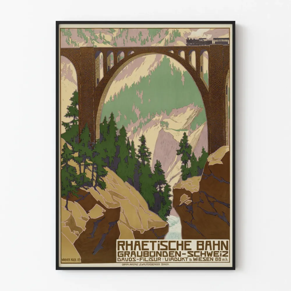 Vintagejuliste Rhaetische Bahn - Davosin-Filisurin silta-viadukti Sveitsissä