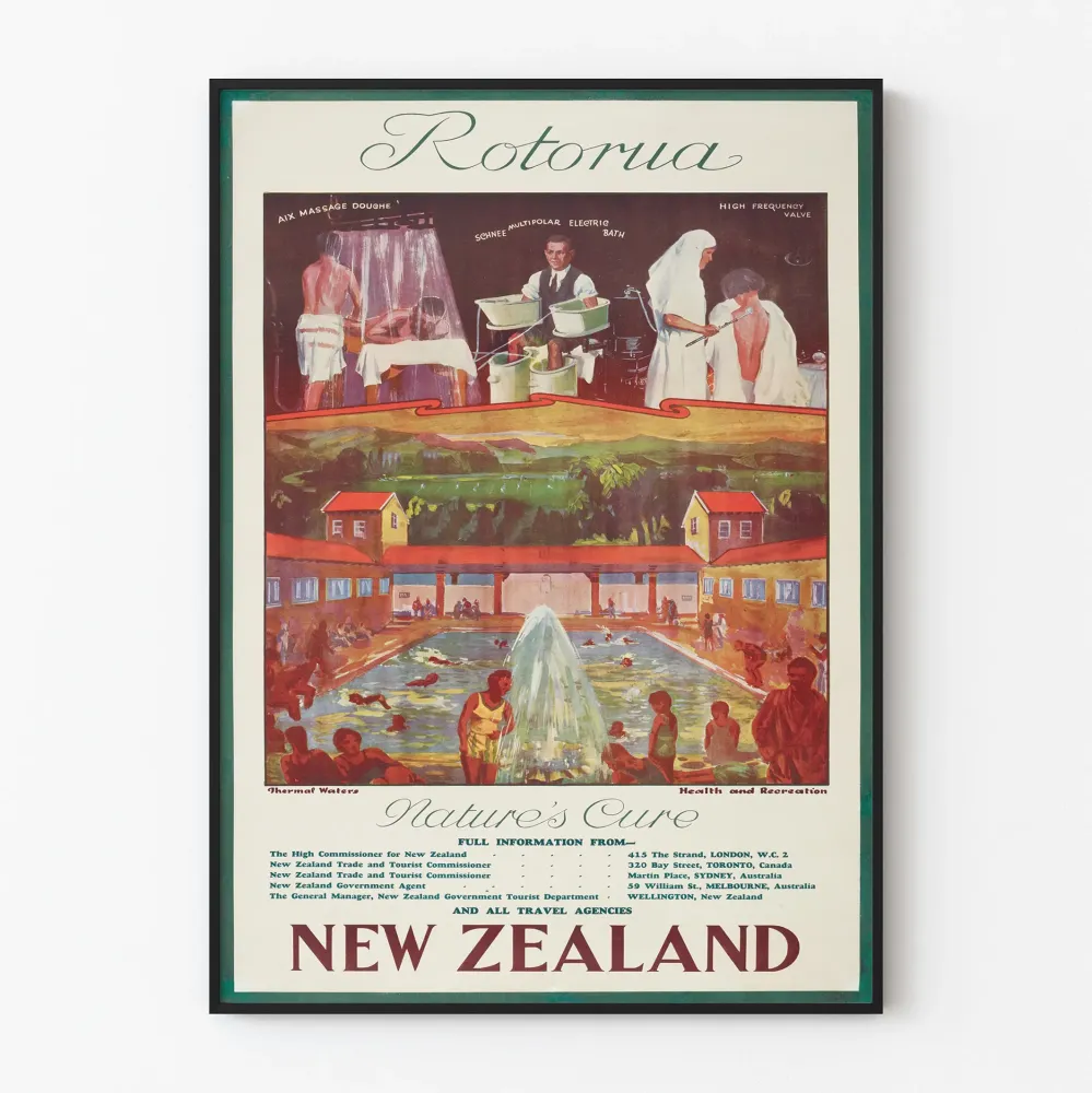 Vintagejuliste Rotorua Uusi-Seelanti - Seinäkoriste kylpylästä ja kuumista lähteistä