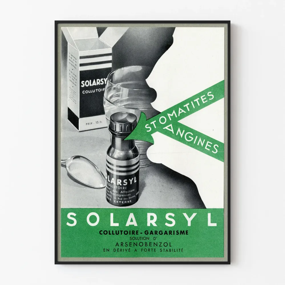 Vintagejuliste Solarsyl - Kylpy- ja kurkkukipuhoitojen mainos
