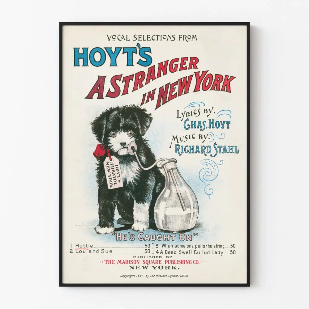 Vintagejuliste Stranger New York, jossa mustavalkoinen pentu