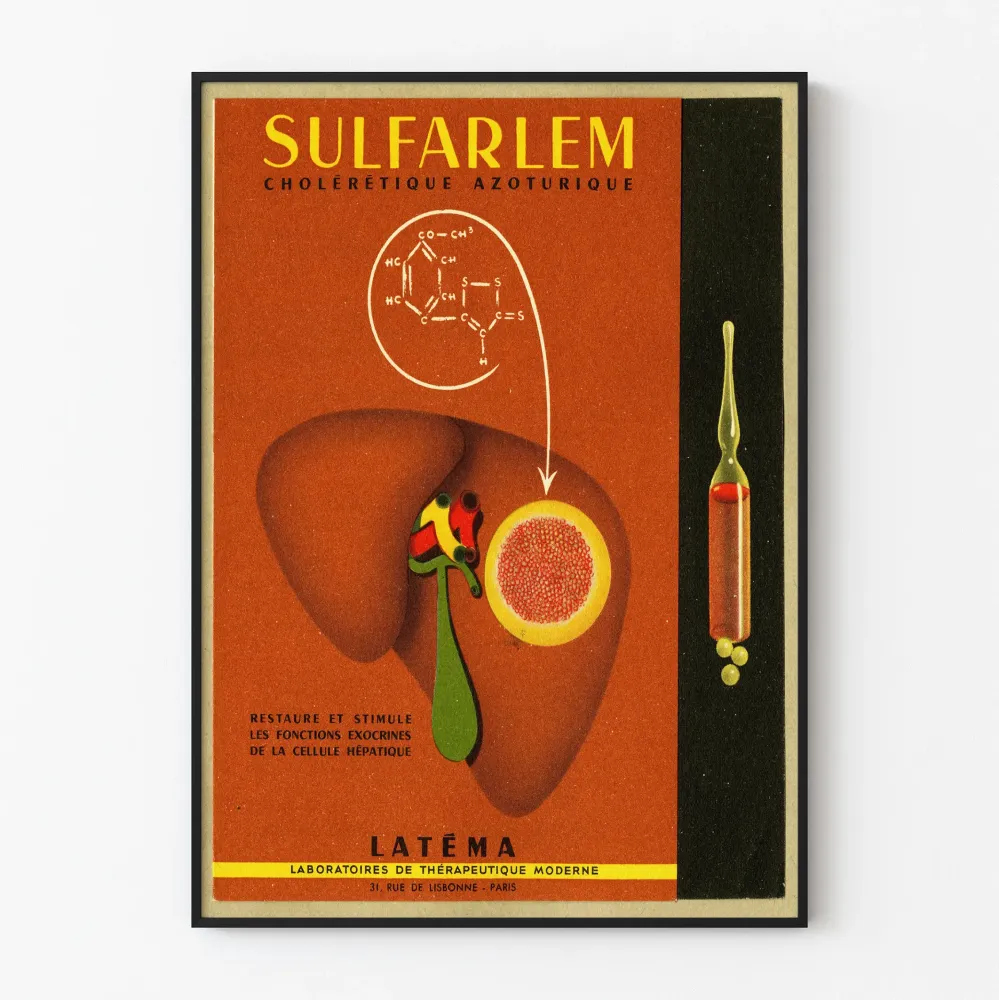 Vintagejuliste Sulfarlem cholérétique azoturique - Juliste lääketieteelliseen seinäkoristukseen retro-tyyliä