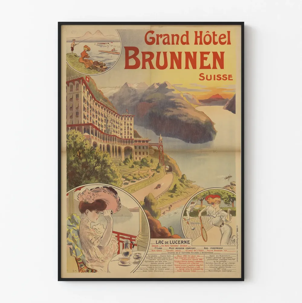 Vintagejuliste Suuren hotellin Brunnen Sveitsi - Lucerne-järvi