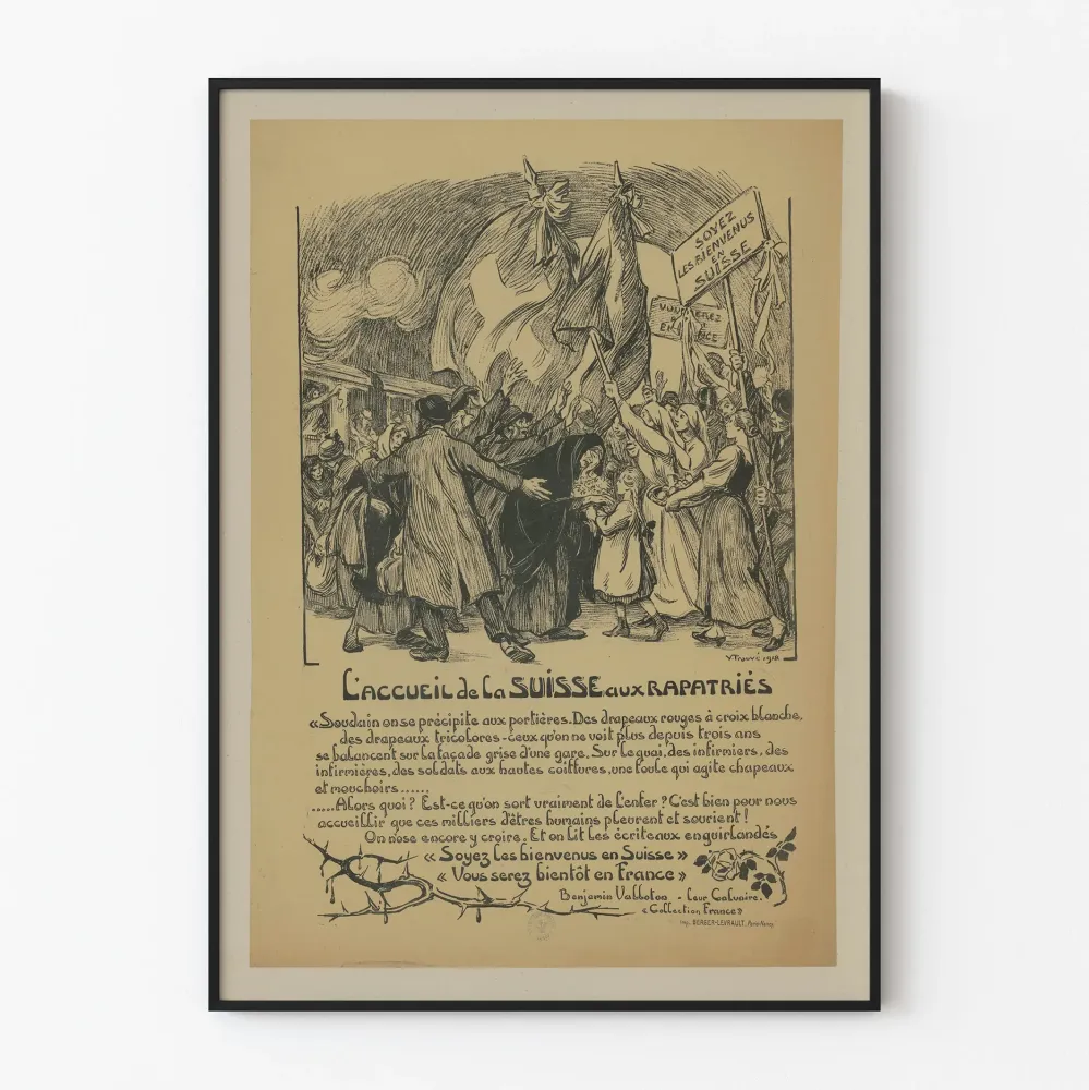 Vintagejuliste Sveitsin vastaanotto kotiinpalautuville, historiallinen kuvaus