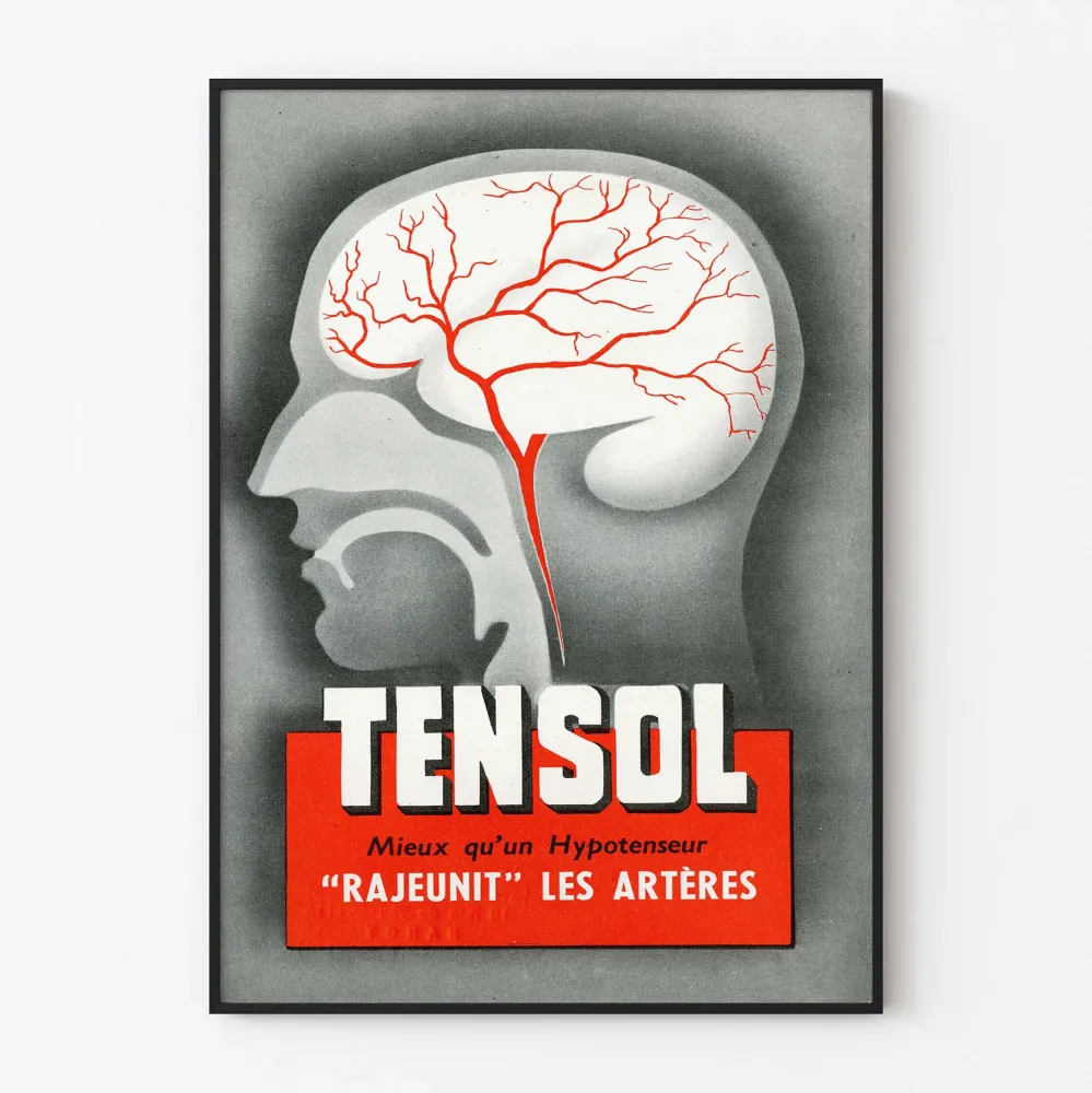 Vintagejuliste Tensol - Aivovaltimon kuva-aihe punaisena ja valkoisena