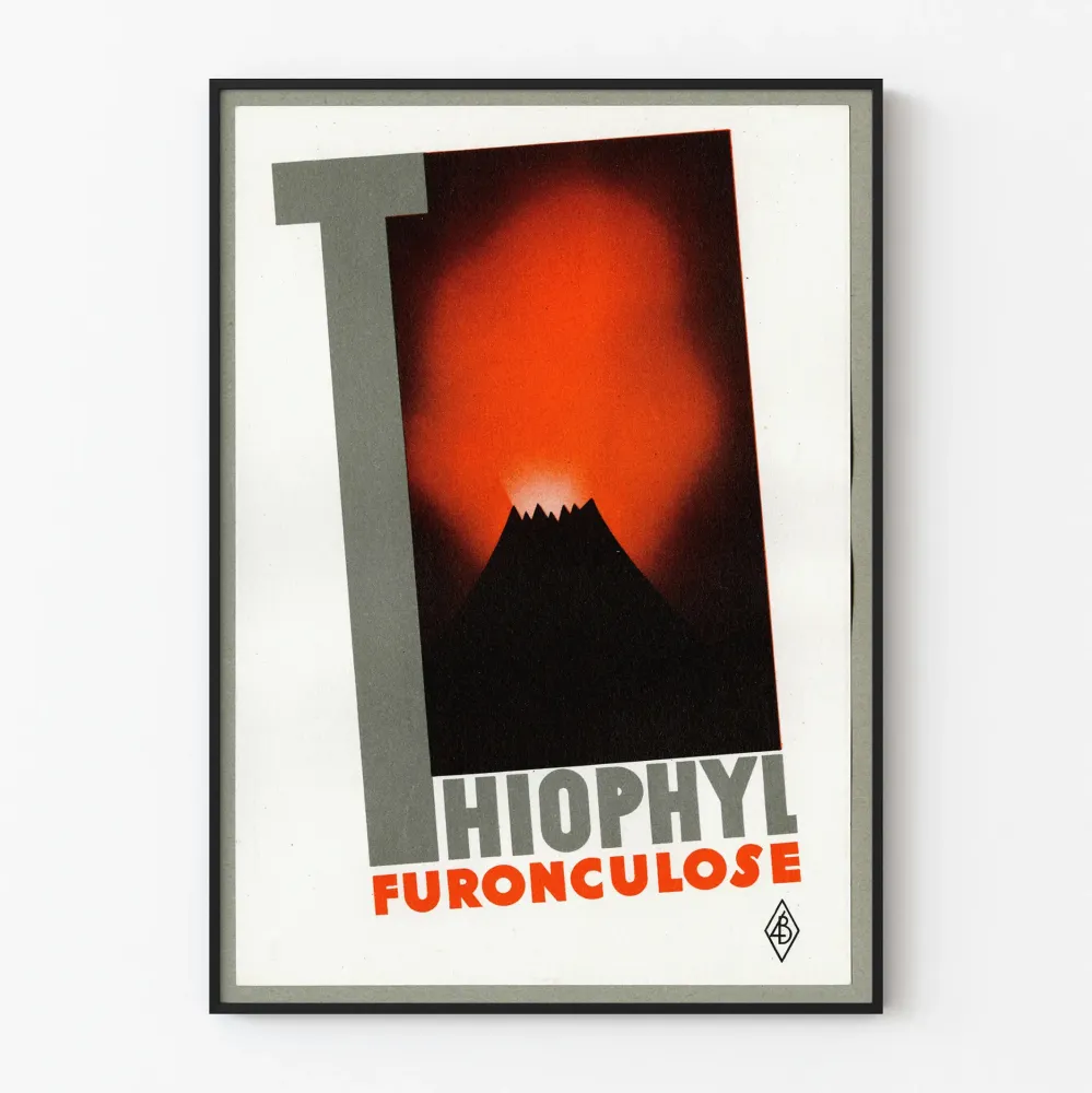 Vintagejuliste Thiophyl Furonculoze tulivuori punainen ja musta