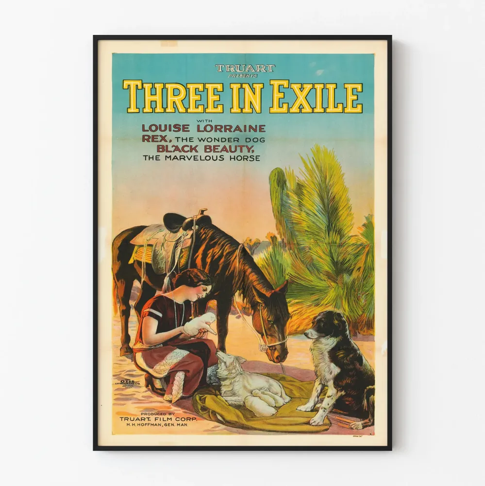 Vintagejuliste Three Exile eläinten ja naisen kanssa