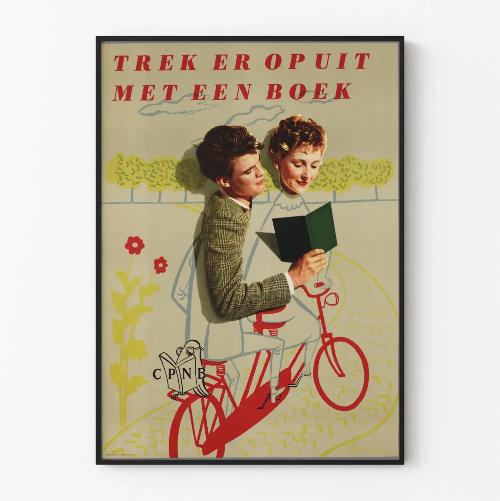 Vintagejuliste "Trek er op uit met een boek" seinäkoristelu