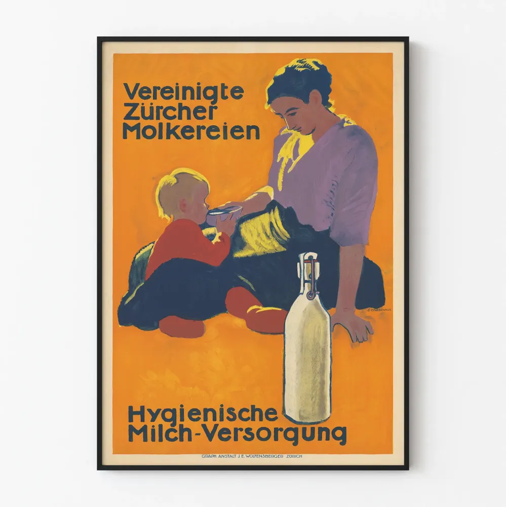 Vintagejuliste Vereingte Zürcher Molkereien – Hygieeninen seinäkoriste maitolaitos