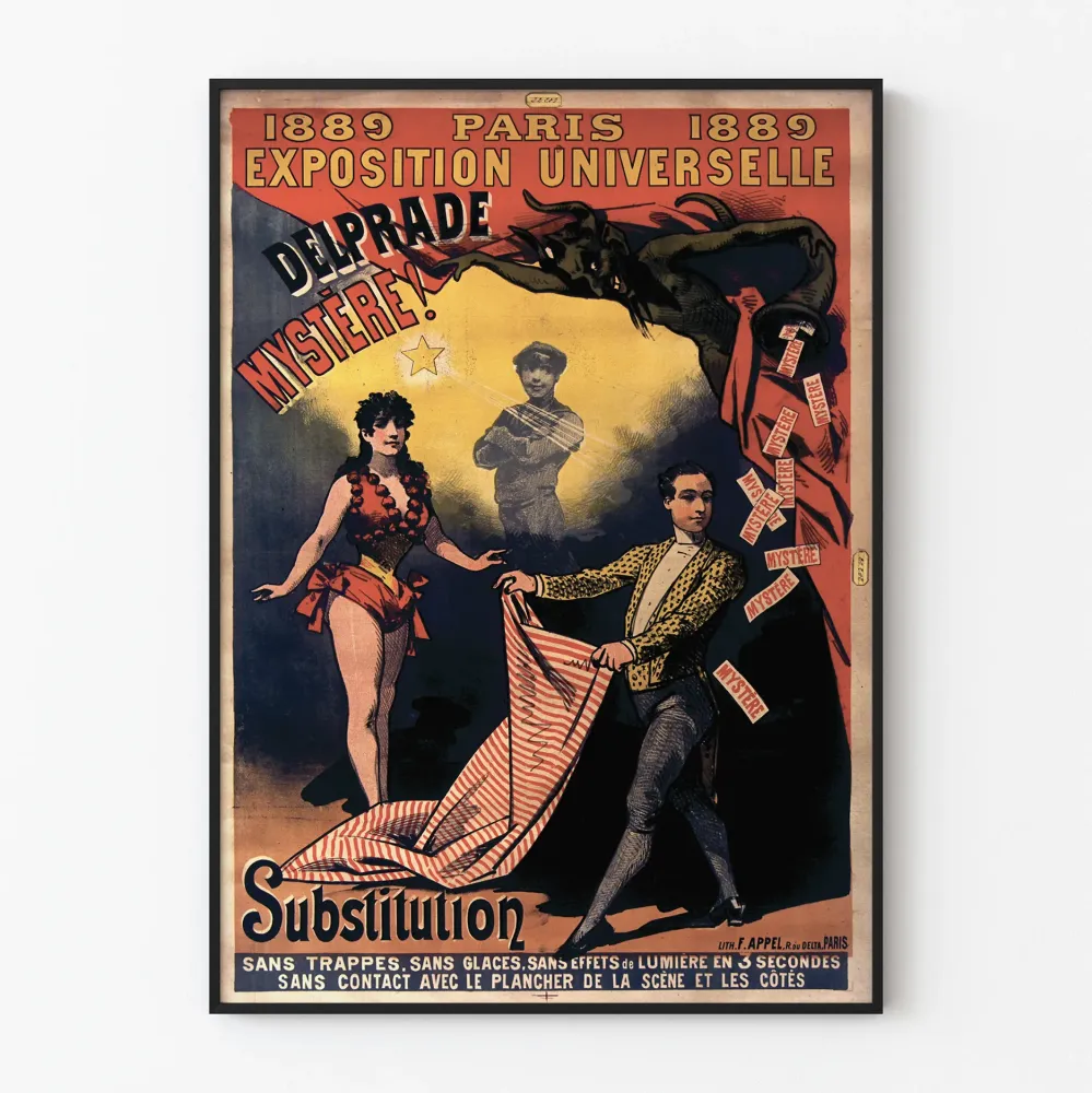 Vintagejuliste vuodelta 1889 Pariisin yleisnäyttelyn - Delpraden mysteerinäytös