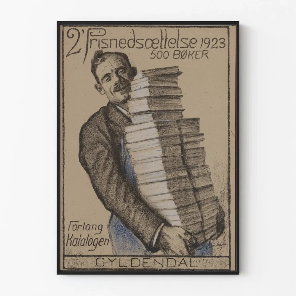 Vintagejuliste vuodelta 1923 - Mies, joka kantaa pinon kirjoja Gyldendalille