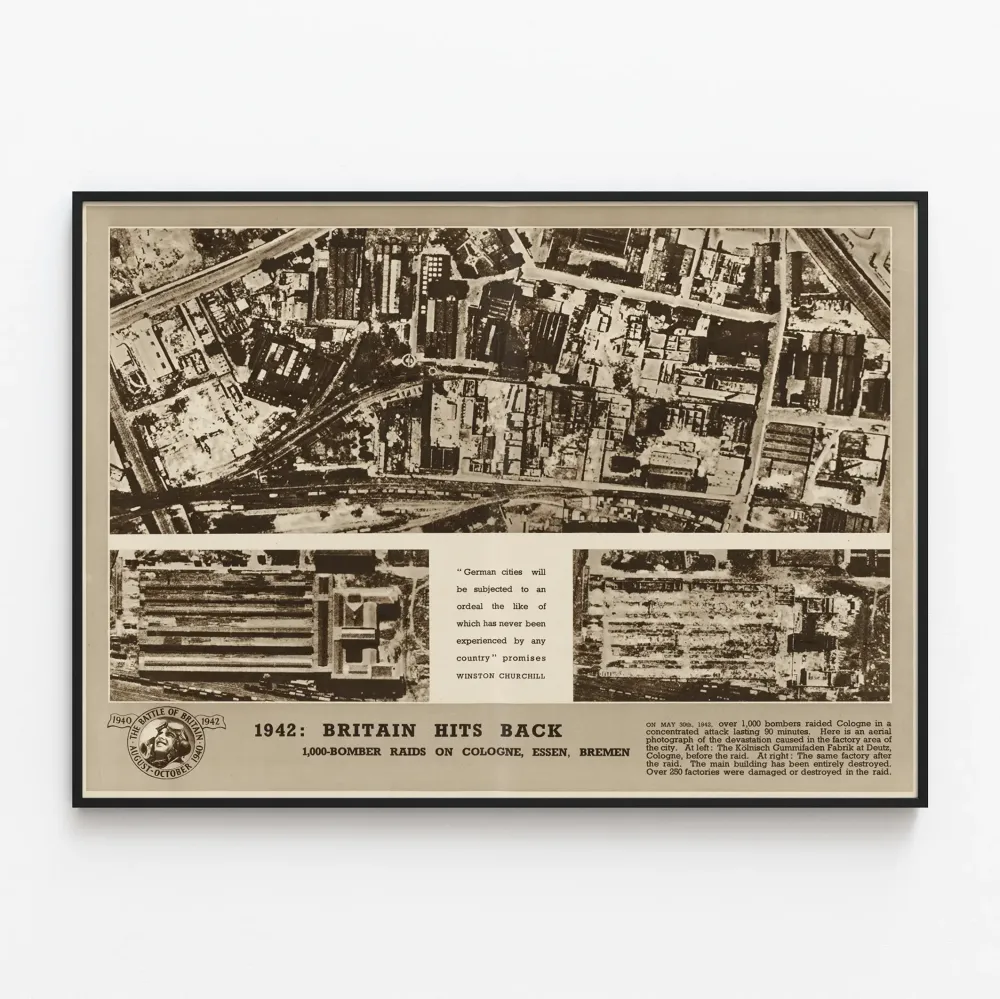Vintagejuliste vuodelta 1942 Britannian pommituksista Kölnissä – Historiallinen seinäkoriste