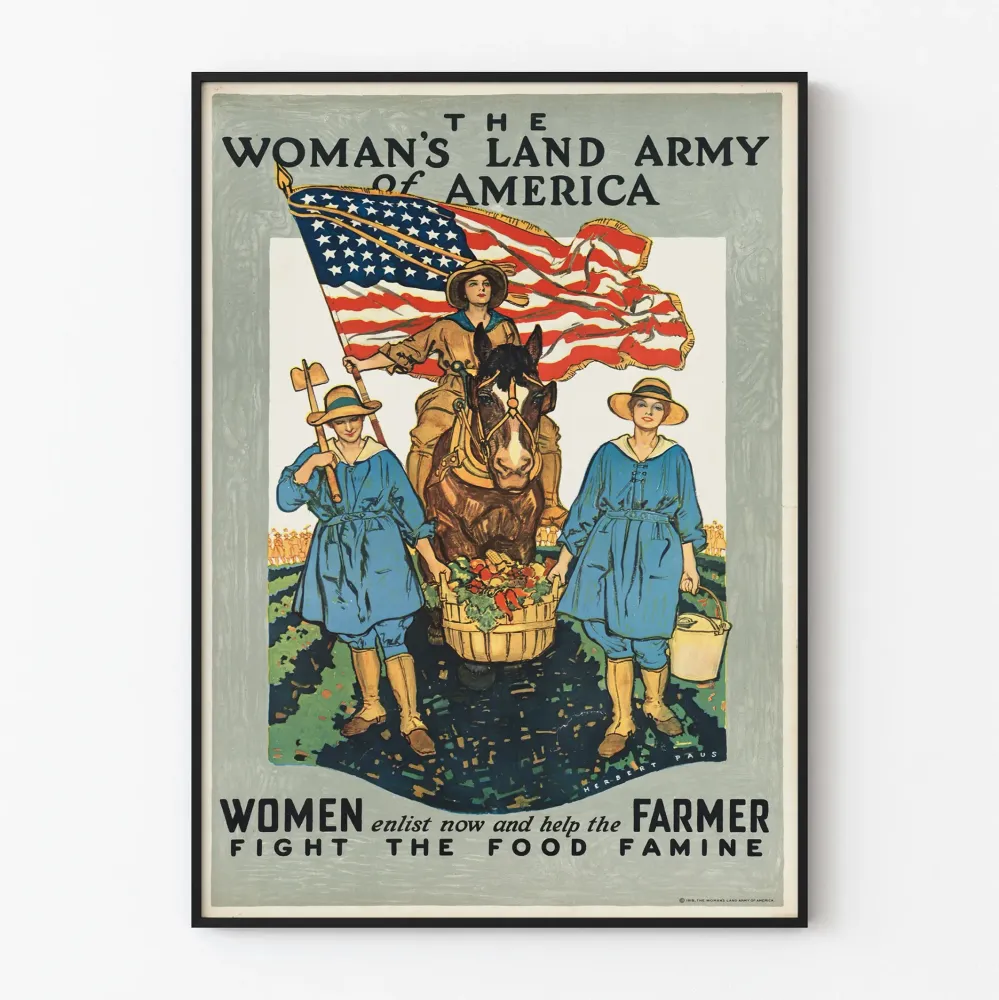 Vintagejuliste Woman's Land Army America - Isänmaallinen seinäkoriste