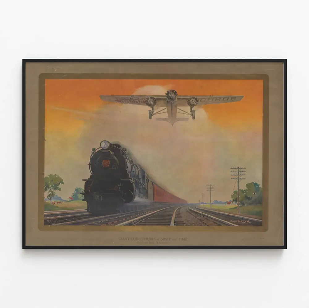 Vintagejuna ja lentokone Pennsylvania Railroad -juliste