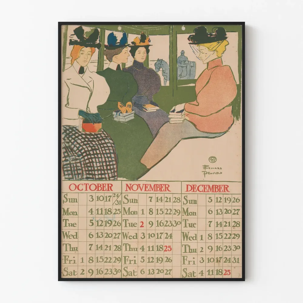 Vintagekalenteri juliste 1897 lokakuusta joulukuuhun, teos Edward Penfield