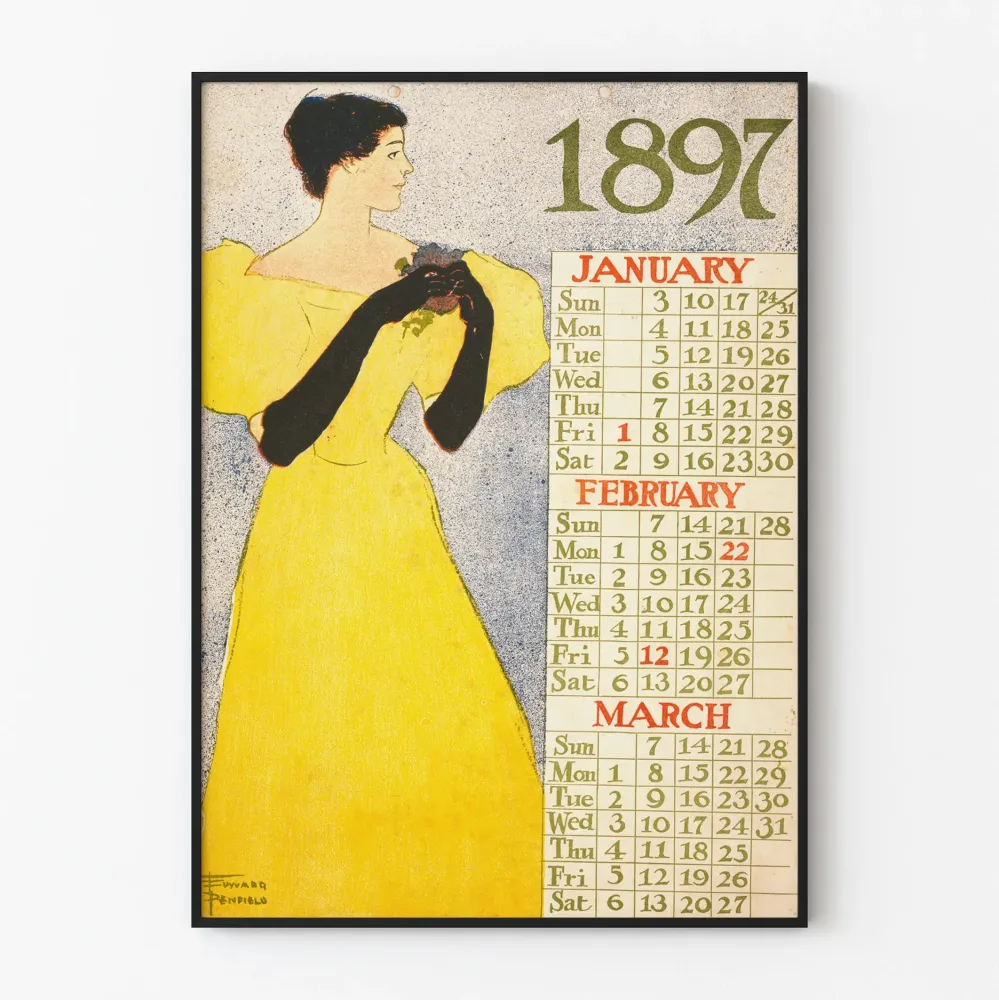 Vintagekalenteri juliste 1897 – tammikuu maaliskuu, retrokuvitus naisesta keltaisessa mekossa