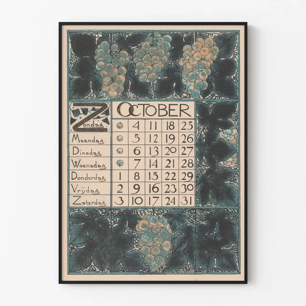Vintagekalenteri juliste lokakuulle 1896 viiniköynnöskoristeella