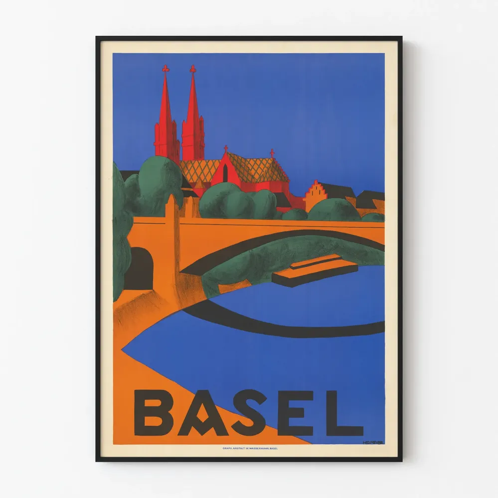 Vintagemainen Basel juliste kirkkaissa väreissä seinäkoristeluun