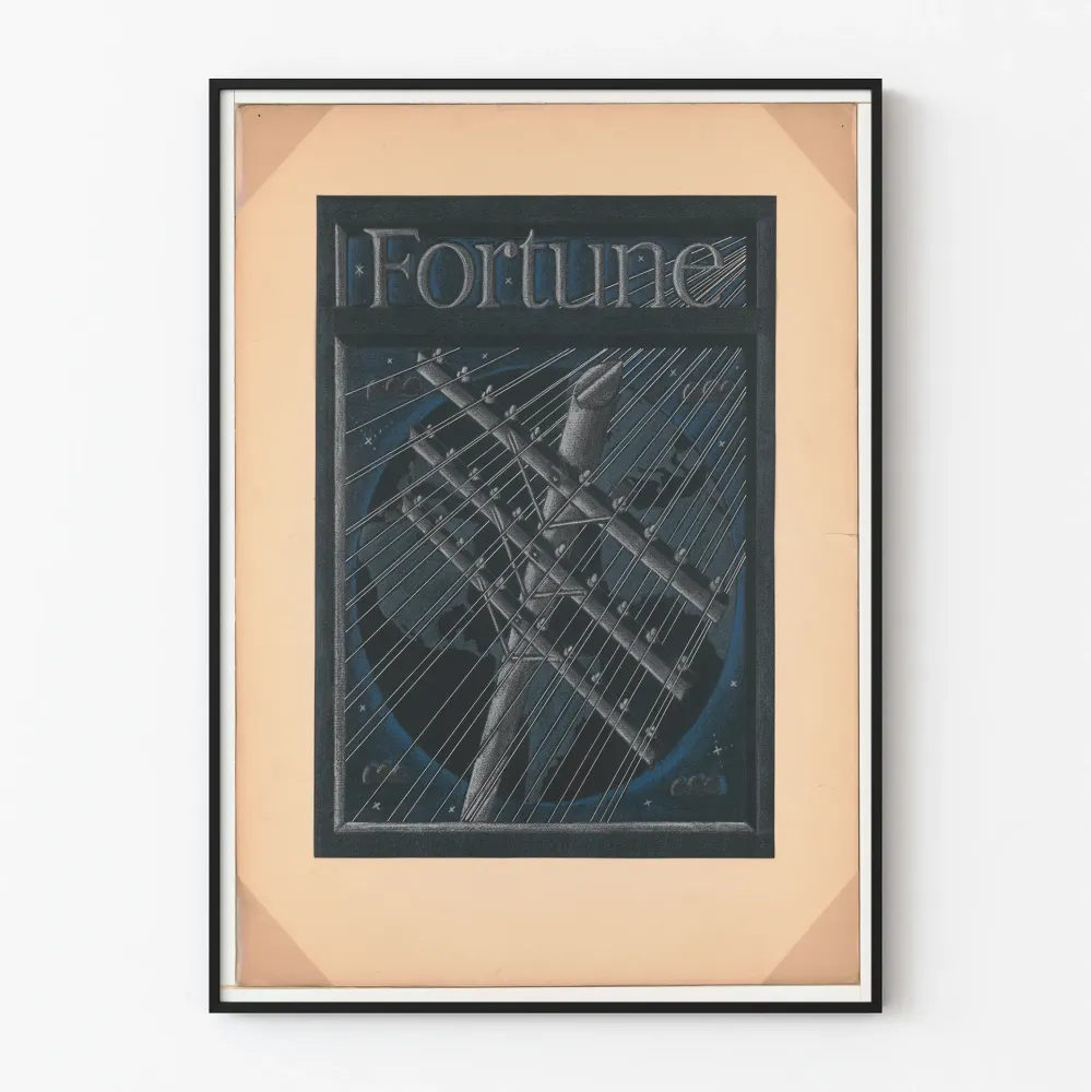 Vintagemainen Fortune-telefontarjontajuliste, jossa puhelinlinjoja ja maapallo