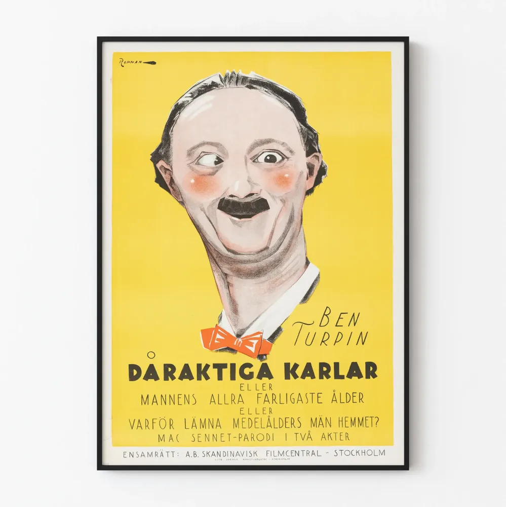 Vintagemainen humoristinen juliste Ben Turpin keltaisella taustalla