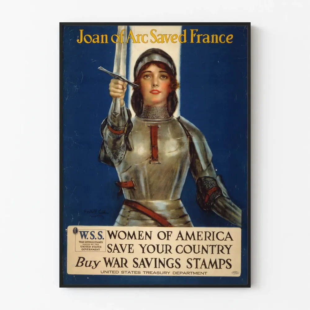 Vintagemainen Joan Arc -juliste seinäkoristeeksi sitoutuneeseen sisustukseen